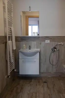 a bathroom with a sink and a shower and a mirror at City Apartments Portico in Merano