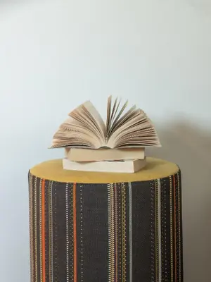 an open book sitting on top of a table at Dianthus Apartment in Lana