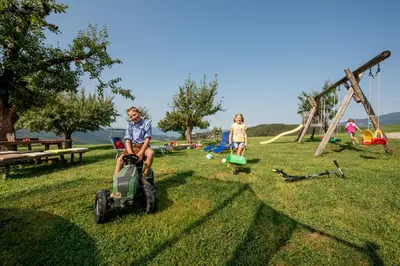 a man riding a lawn mower in a park at Singerhof in Castelrotto