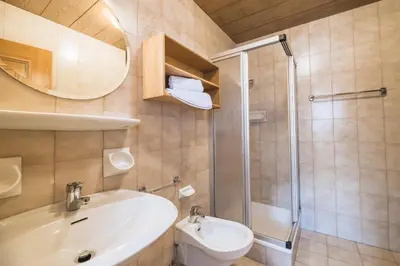 a bathroom with a toilet and a sink and a shower at Apartments Chalet Zirm in Santa Cristina in Val Gardena