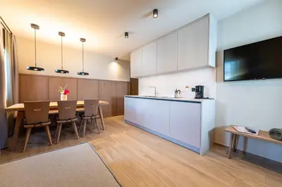 a kitchen and dining room with a table and a tv at Apartments Am Platzl Living in Laion
