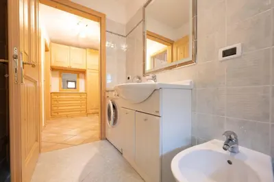 a bathroom with a washing machine and a sink at Cesa Anna in Campitello di Fassa