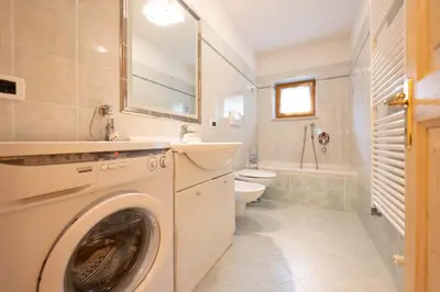 a washing machine in a bathroom with a sink and a toilet at Cesa Anna in Campitello di Fassa