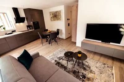 a living room with a couch and a large television at Ramoser Living Apartments in San Martino