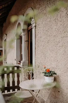 a table and chair with a potted plant on a balcony at der Paterhof- wohnen in historischen Mauern in Pianizza di Sopra