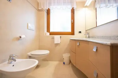 a bathroom with a sink and a toilet and a window at Cesa Delba in Canazei
