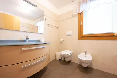 a bathroom with a sink and a toilet and a window at Cesa Delba in Canazei