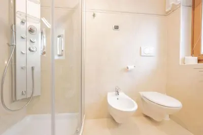 a bathroom with a shower and a toilet and a sink at Cesa Delba in Canazei