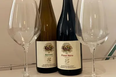 two bottles of wine sitting next to two wine glasses at Darling Home in Merano