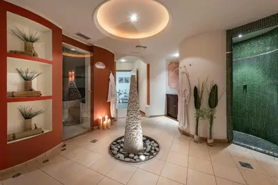 a bathroom with a shower and a palm tree at Hotel Sunnwies in Schenna