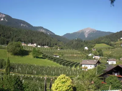 a village in a valley with vineyards and mountains at Residence Rebgut in Tesimo