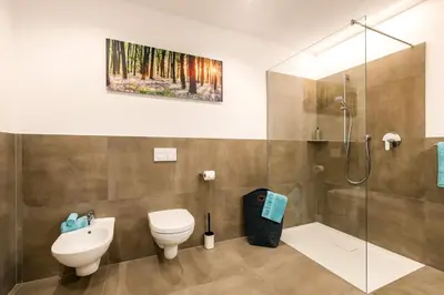 a bathroom with a shower and a toilet and a sink at Apartments Baumann Living in Rodengo