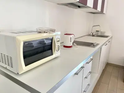 a microwave oven sitting on a counter in a kitchen at Appartamento Bolzano Centro Talvera in Bolzano