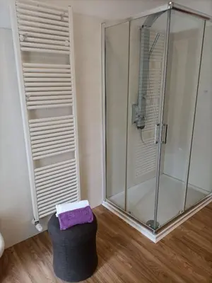 a bathroom with a glass shower and a ottoman at Appartamenti Primiero in Fiera di Primiero