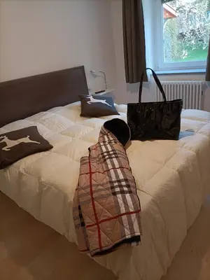 a bed with two pillows and a bag on it at Appartamenti Primiero in Fiera di Primiero