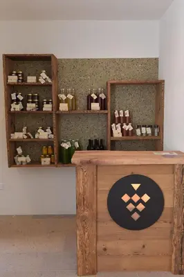 a store with a counter and shelves with products at Pignathof Castanea in Campodazzo