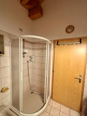 a shower with a glass door in a bathroom at Pragma Apartments - Appartamento Genziana in Predazzo
