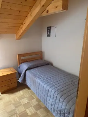 a bedroom with a bed and a wooden ceiling at Pragma Apartments - Appartamento Genziana in Predazzo