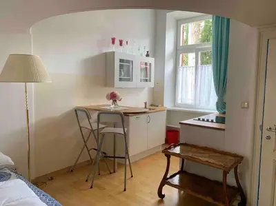 a small kitchen with a table and chairs in a room at Helles Apartment in historischer Villa in Merano