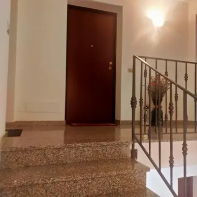 a staircase with a brown door and a vase of flowers at APPARTAMENTO TOMA MIHAELA in Tres