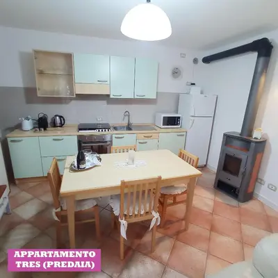 a kitchen with a table and chairs and a stove at APPARTAMENTO TOMA MIHAELA in Tres