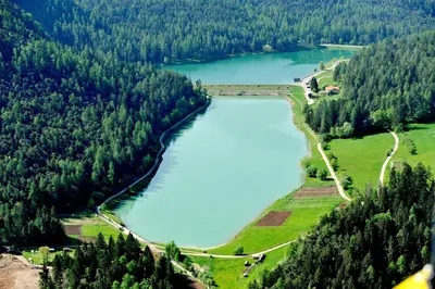 an aerial view of a lake in a forest at APPARTAMENTO TOMA MIHAELA in Tres