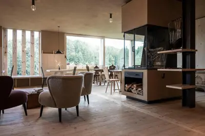 a living room with a fireplace and a table with chairs at Rappersbühl in Collalbo