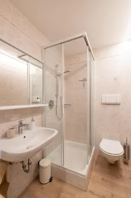 a bathroom with a shower and a sink and a toilet at Wolkanhof Vineyard Apartments in Appiano sulla Strada del Vino