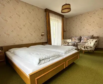 a bedroom with a large bed and a chair at APARTMENTS Gasser in Monguelfo