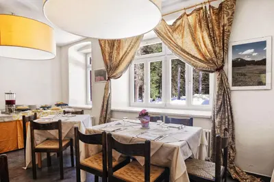 a dining room with two tables and a window at Hotel Croda Rossa in Carbonin