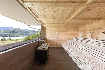an empty sauna with benches in a wooden building at Pension Hasslhof in Caldaro