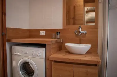 a bathroom with a sink and a washing machine at Busc De Crodol in Comune Rivamonte Agordino