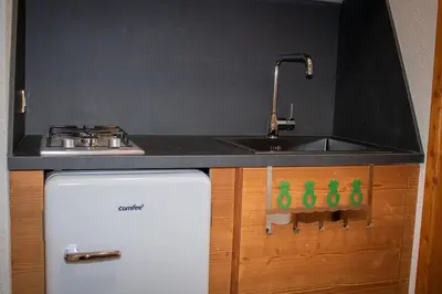 a small kitchen with a sink and a stove at Busc De Crodol in Comune Rivamonte Agordino
