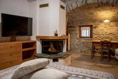a living room with a fireplace and a flat screen tv at Busc De Crodol in Comune Rivamonte Agordino