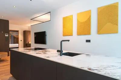 a kitchen with a sink and four paintings on the wall at Erbacher Living Nature Apartments Suites in Bolzano