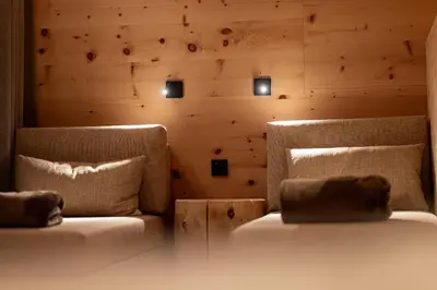 a living room with a couch and a wooden wall at Residence Der Heinrichshof in Lagundo