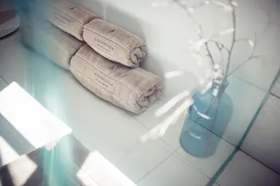 two towels on a wall in a bathroom with a blue vase at Gschnoferhof Terlan in Terlano