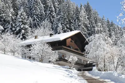 a house covered in snow in front of trees at Apartment Christian in Nova Levante