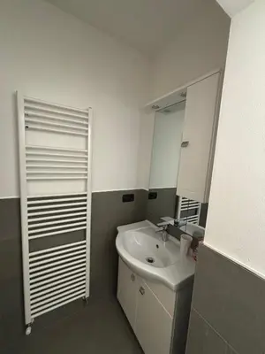 a bathroom with a sink and a mirror at Pragma Apartments - Appartamento La Torre in Predazzo