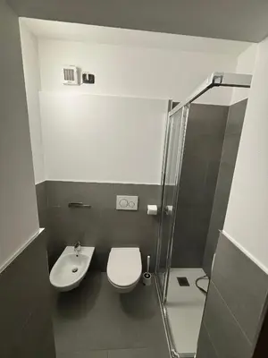 a bathroom with a shower and a toilet and a sink at Pragma Apartments - Appartamento La Torre in Predazzo