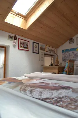 a bed in a room with a skylight at B&B La Tana dell'Orso - Die Bärenhöhle in Castello di Fiemme