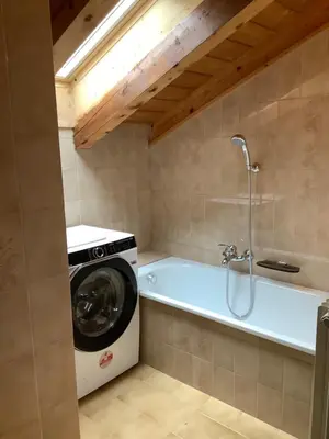 a bathroom with a washing machine and a washer at Passione Dolomiti in Romeno