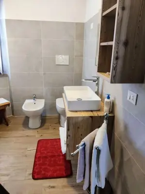 a bathroom with a sink and a toilet at Falcade Dolomiti La Quiete piano terra in Fregona