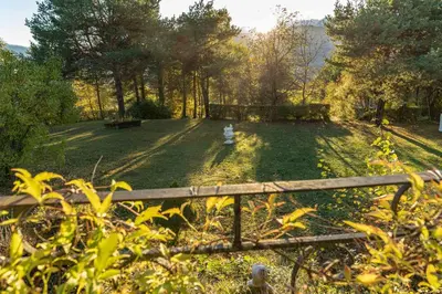a fence in front of a field with trees at La Villa del Barone in Predaia