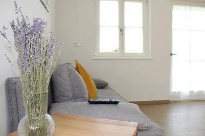 a vase of flowers on a table next to a couch at Gartnerhof in Plaus