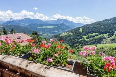 a view from the balcony of a house with flowers at Leishof in Villandro