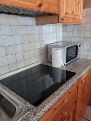 a kitchen counter with a microwave and a sink at Appartamento El Feudo in Tesero
