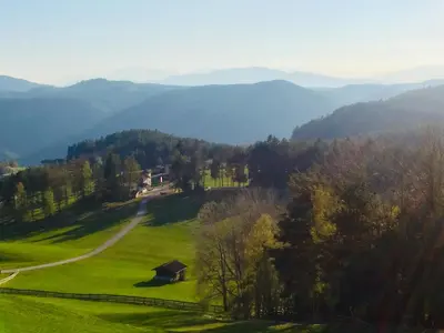 a green pasture with a barn on a hill with mountains at Hotel Landgasthof Lärchenwald in Collepietra