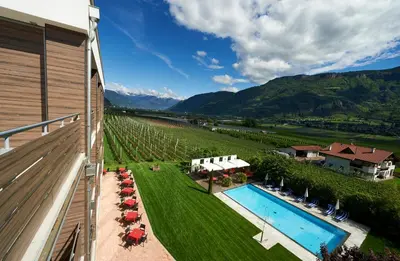 an aerial view of a resort with a pool and a vineyard at Hotel Gantkofel in Andrian