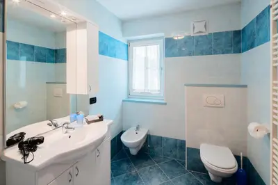 a blue and white bathroom with a sink and a toilet at Appartamenti Agriturismo Cèsa Ciasates in Canazei